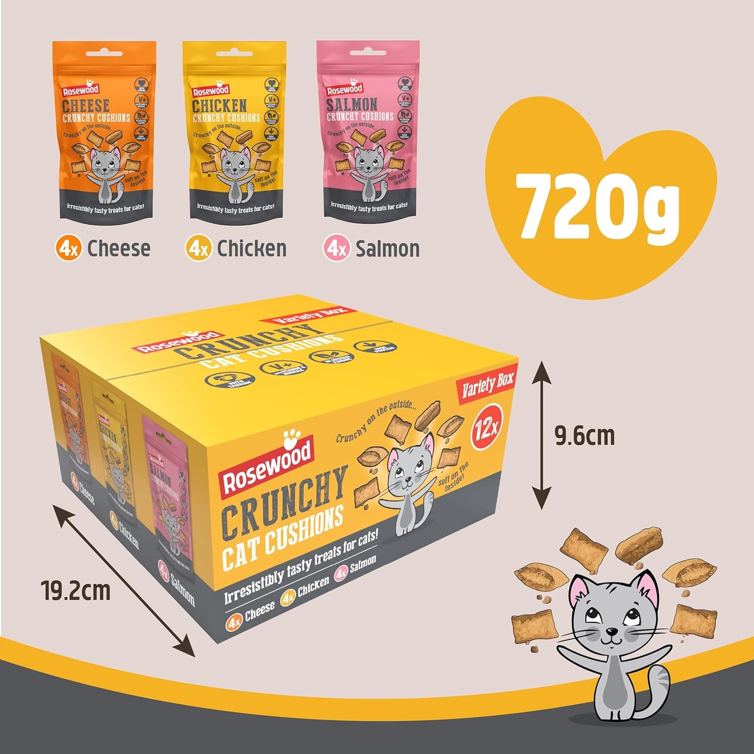 Rosewood Daily Eats Crunchy Cushions Variety Box - Chicken, Cheese, and Salmon Treats for Cats, Tasty Cat Treats with Taurine, Added Vitamins and Minerals, Small Bite Sized Cat Snacks (12Pc, 720G Box)