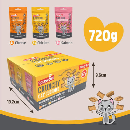 Rosewood Daily Eats Crunchy Cushions Variety Box - Chicken, Cheese, and Salmon Treats for Cats, Tasty Cat Treats with Taurine, Added Vitamins and Minerals, Small Bite Sized Cat Snacks (12Pc, 720G Box)