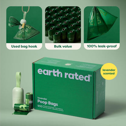 Dog Poo Bag Holder with Dog Poo Bags Rolls, Durable and Guaranteed Leakproof, Lavender Scented, 1 Dispenser and 900 Bags