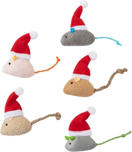 5 Pack Christmas Cat Catnip Mouse Toys, Xmas Cat Mouse Toys Sticks with Santa Claus Hat Interactive Plush for Indoor Cats Simulation Catnip Soft Toy for Cat Playing Chewing Teeth Cleaning