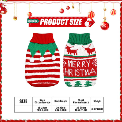 2PCS Dog Christmas Sweaters Red Green Pet Clothes Outfits Winter Cat Costume New Year Clothing Accessories for Puppy Kitten Small Medium Dogs Cats