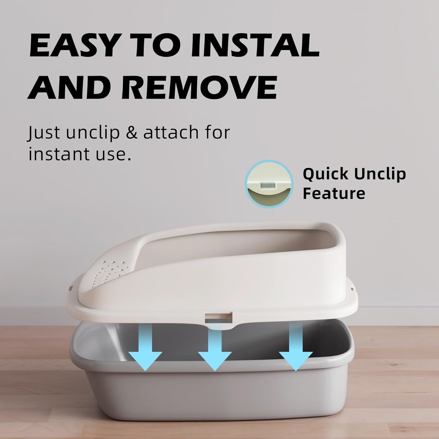 Cat Litter Tray Box, Litter Box, Plastic Cat Open Top Litter Tray with Free Scoop Kitten Detachable Rim Easy Cleaning,49 X 38 X 23Cm (Grey)