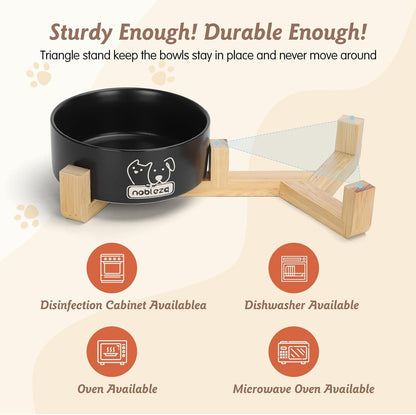 Ceramic Cat Bowls Set with Bamboo Stand, Stackable Double Ceramic Cat Food Water Bowl, 2X400Ml/13.5Oz Non-Slip Pet Feeding Bowls for Cats Kittens and Puppies, 13X13X5Cm Black