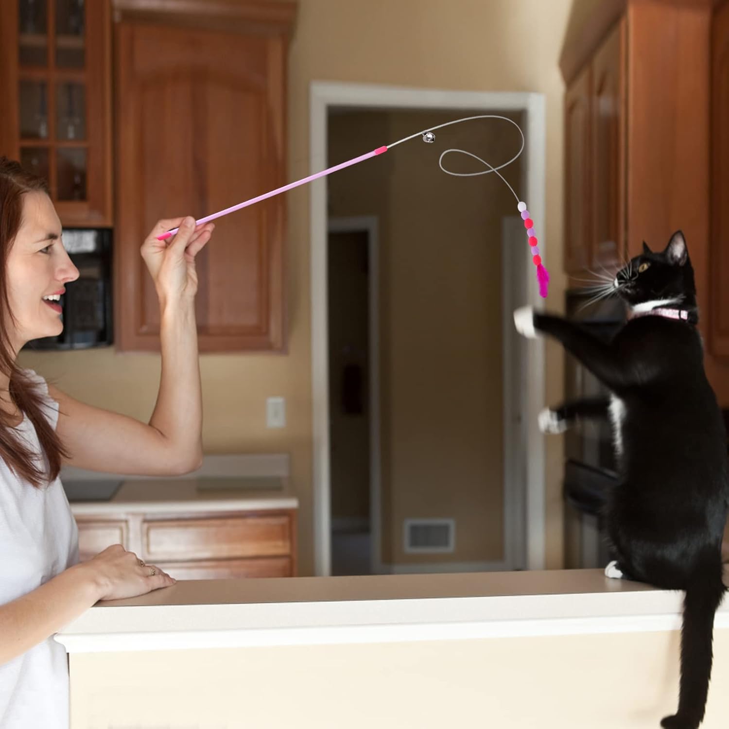 Cat Feather Toys - Soft Wand with Bell Pompom, Interactive Cat Teaser for Indoor Kittens