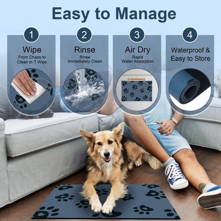 Dog Feeding Mat 30X50Cm, Absorbent Mat for Dog Water Bowl, Rubber Pet Food Mat, Pet Food Mats for Floor Waterproof, Pet Placemats for Food and Water, Cat Feeding Mat, Blue