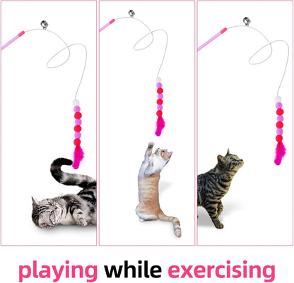 Cat Feather Toys - Soft Wand with Bell Pompom, Interactive Cat Teaser for Indoor Kittens