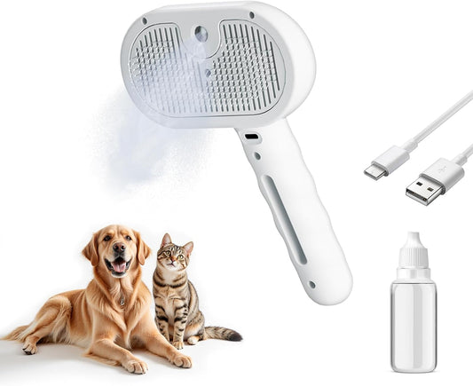 3 in 1 Pet Grooming Brush with Steam and Spray - Hair Removal Comb for Dogs and Cats with Water Tank and Mist Release Stainless Steel Teeth and Ergonomic Handle for Shedding and Grooming(White)