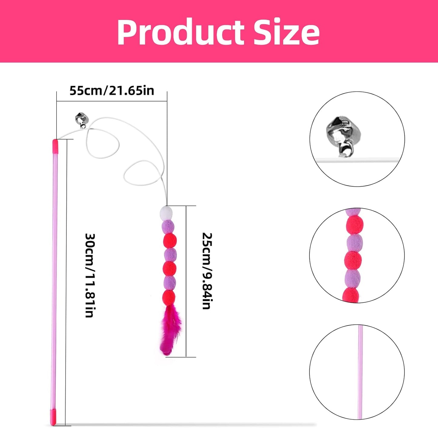 Cat Feather Toys - Soft Wand with Bell Pompom, Interactive Cat Teaser for Indoor Kittens