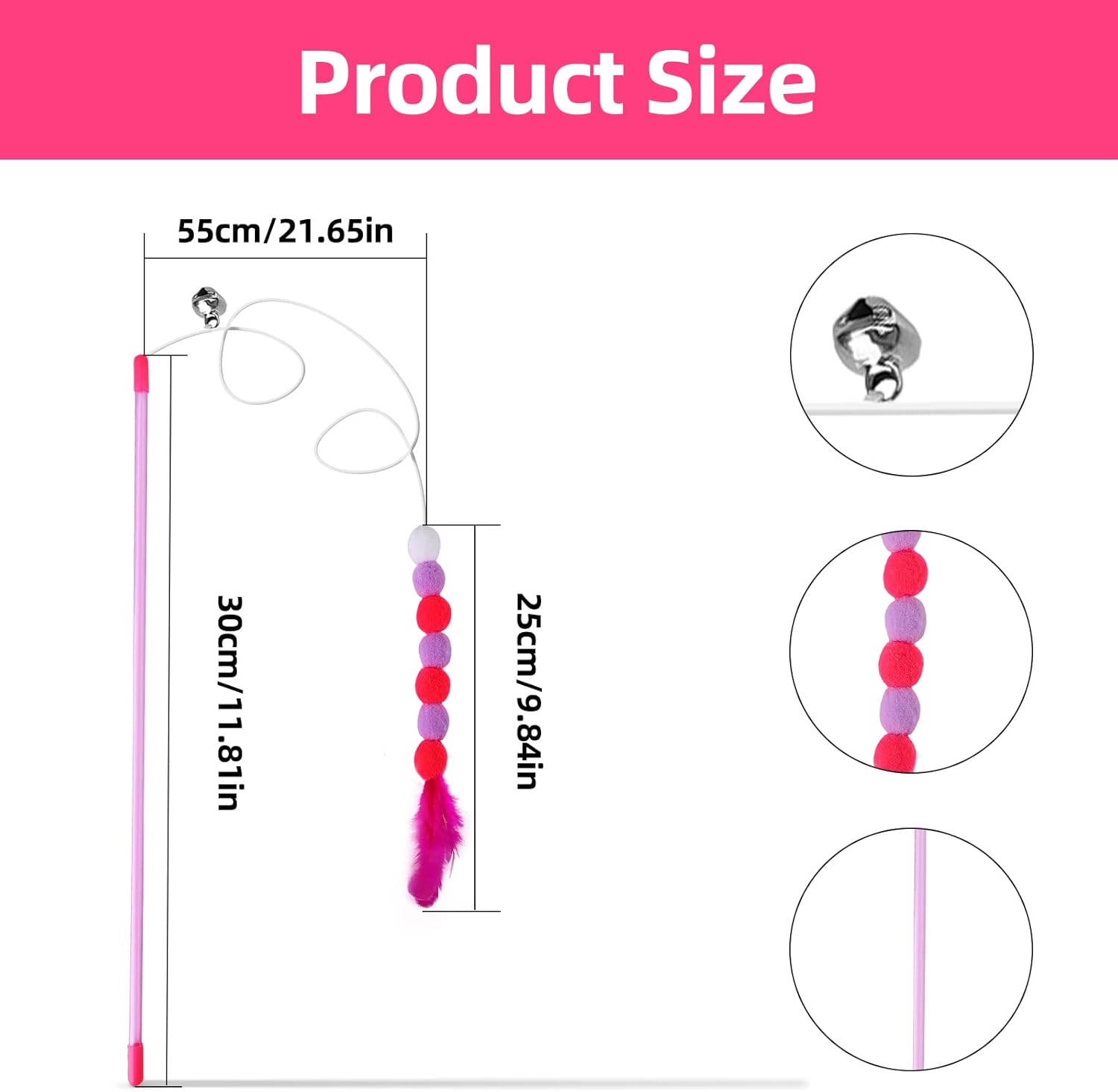 Cat Feather Toys - Soft Wand with Bell Pompom, Interactive Cat Teaser for Indoor Kittens