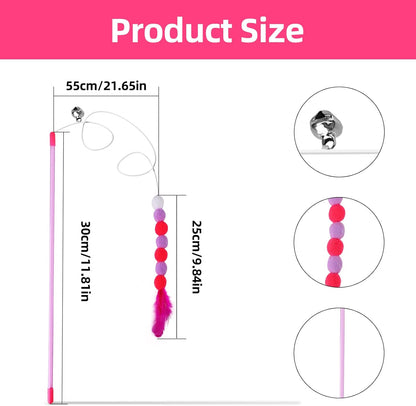 Cat Feather Toys - Soft Wand with Bell Pompom, Interactive Cat Teaser for Indoor Kittens