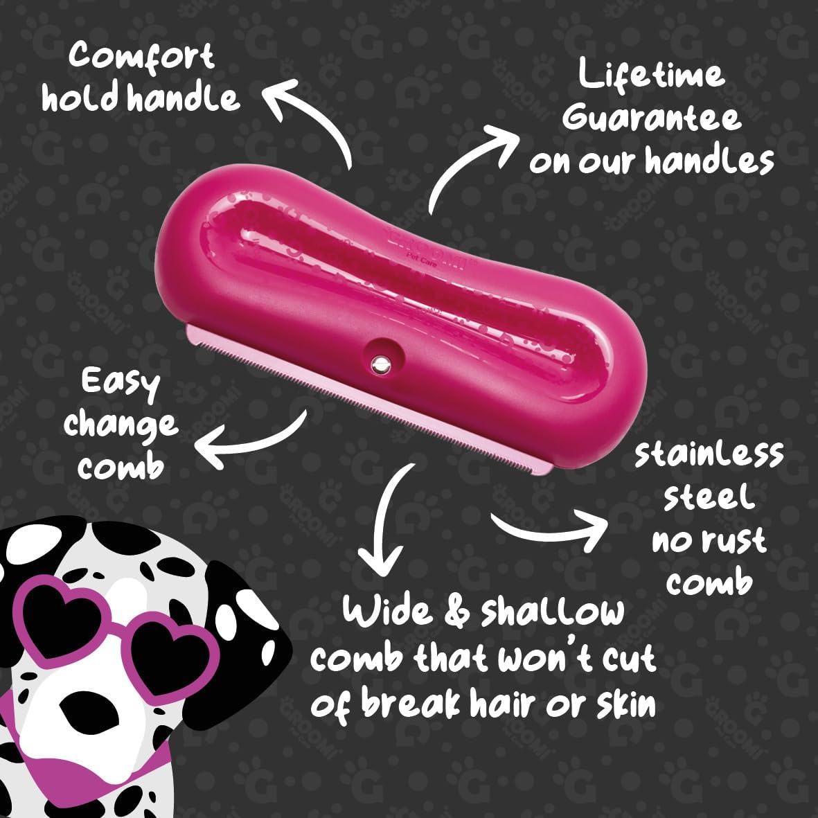 Groomi Deshedding & ng Brush for Dogs, Cats, Horses & Rabbits - Gentle & Effective Pet ng Tool, Wide Shallow Comb, Smooth Groomer for Cats, Dogs and Horses, ng Comb - Pink