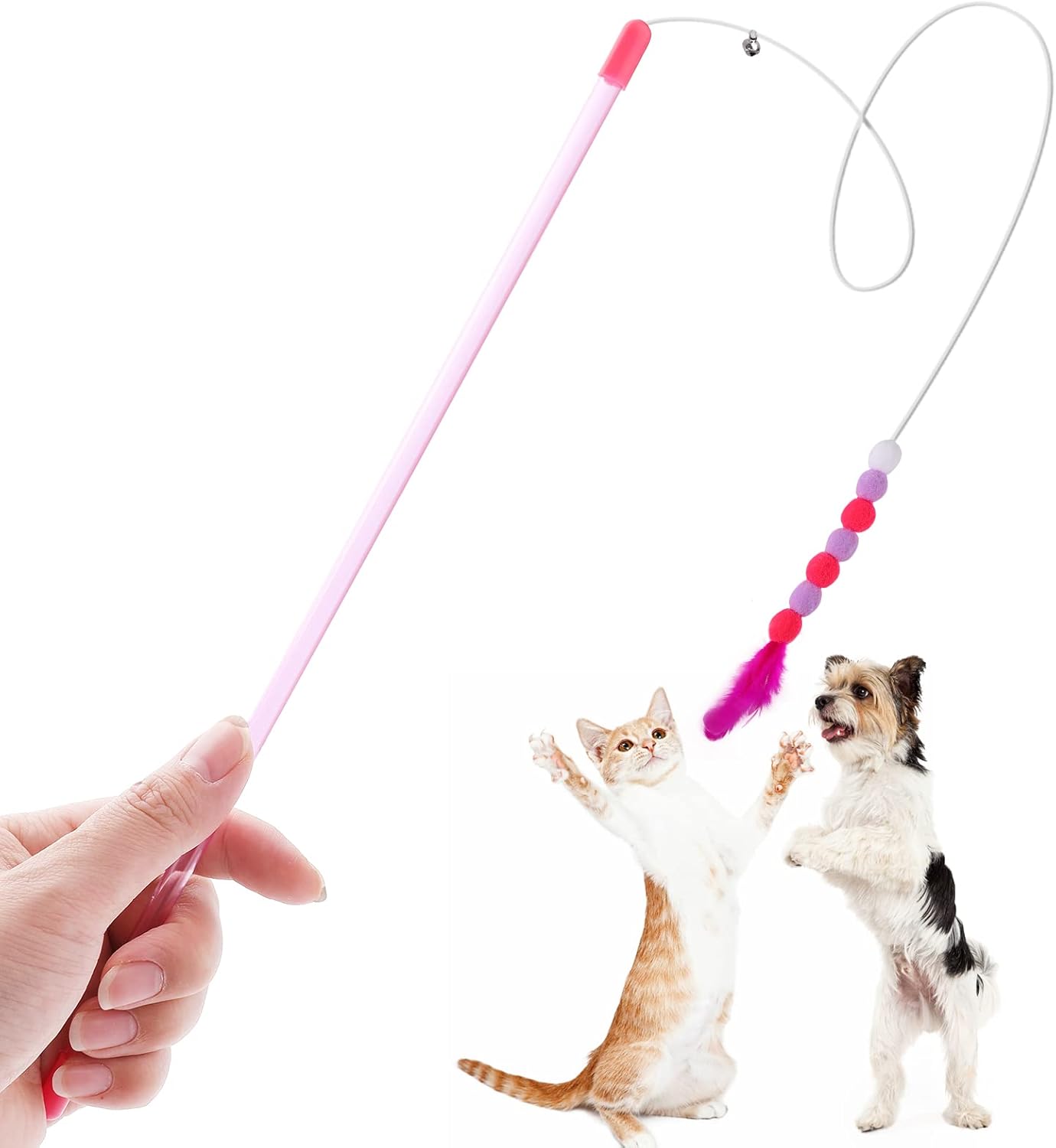 Cat Feather Toys - Soft Wand with Bell Pompom, Interactive Cat Teaser for Indoor Kittens