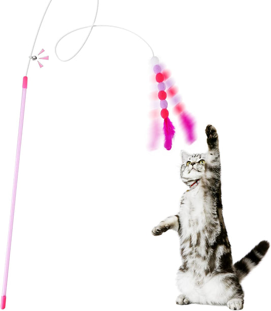 Cat Feather Toys - Soft Wand with Bell Pompom, Interactive Cat Teaser for Indoor Kittens