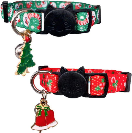 2 Pack Christmas Cat Collars Quick Release with Bell and Charm Safety Kitten Collars Adjustable 19-30Cm