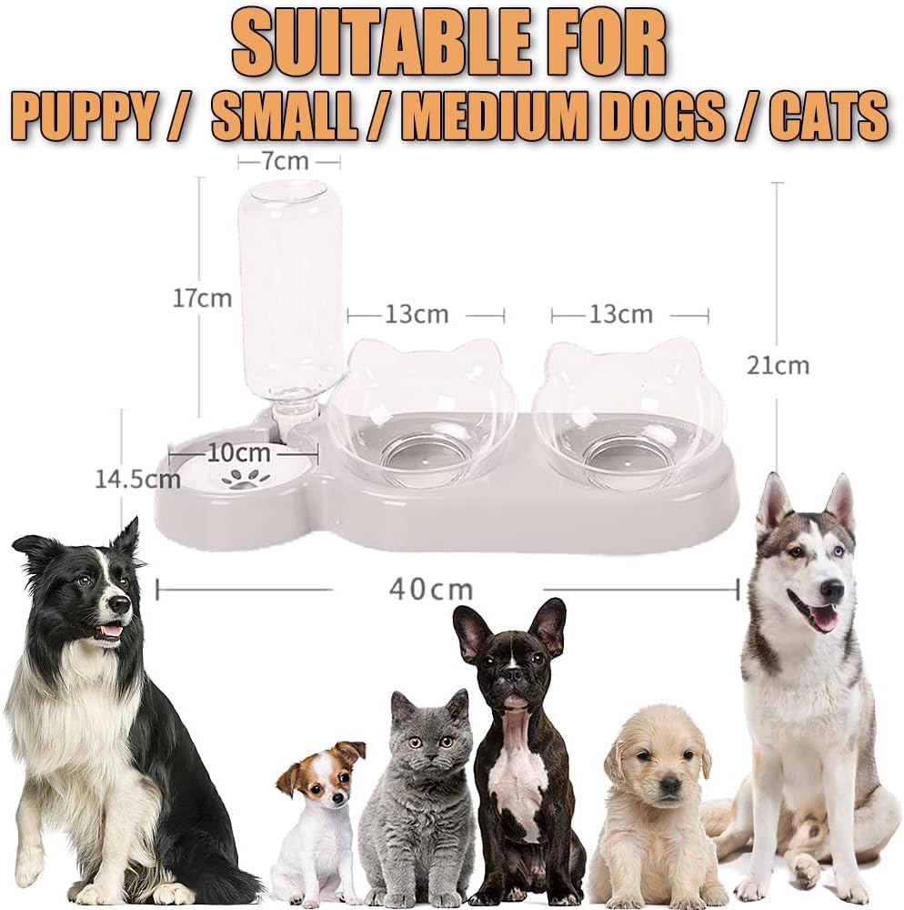 3-In-1 Cat Food and Water Bowl Set, Cat Bowls with Stand, Double Cat Bowls with Water Dispenser for Pet，Food and Water Feeder for Small Medium Dogs Cats