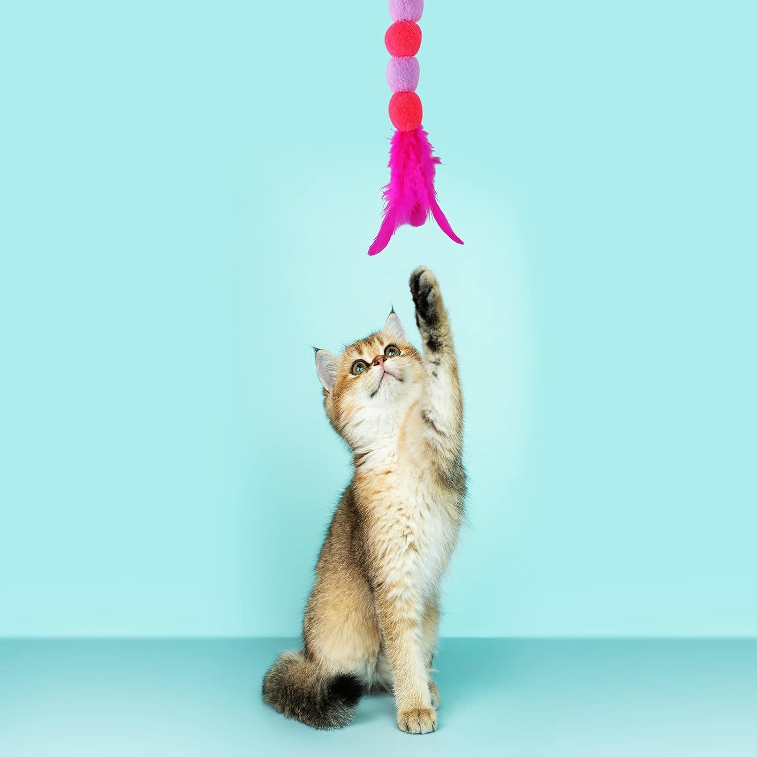 Cat Feather Toys - Soft Wand with Bell Pompom, Interactive Cat Teaser for Indoor Kittens