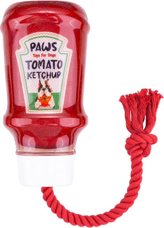 TPR Ketchup Bottle Rubber Dog Toy with Rope – Durable Chew & Tug Toy for Small, Medium & Large Dogs – Tough – Interactive Fetch, Tug-Of-War & Dental Health Play