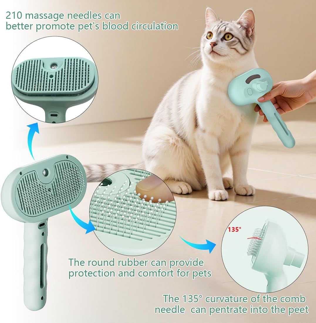 3 in 1 Pet Grooming Brush with Steam and Spray - Hair Removal Comb for Dogs and Cats with Water Tank and Mist Release Stainless Steel Teeth and Ergonomic Handle for Shedding and Grooming(White)