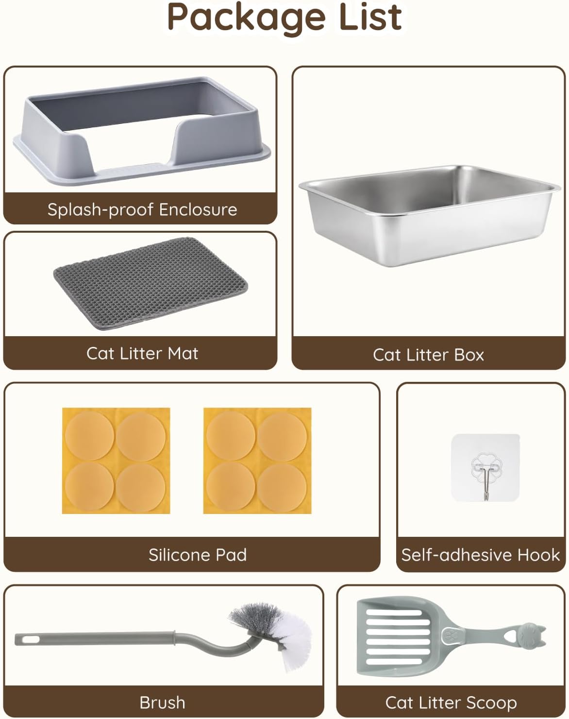 High Sided Stainless Steel Litter Box - Metal Cat Litter Tray with Splash-Proof Lid, Easy Cleaning & Odor-Less Kitten Litter Tray with Double Layer Litter Mat, Litter Scoop, Brush, 50X35X20Cm