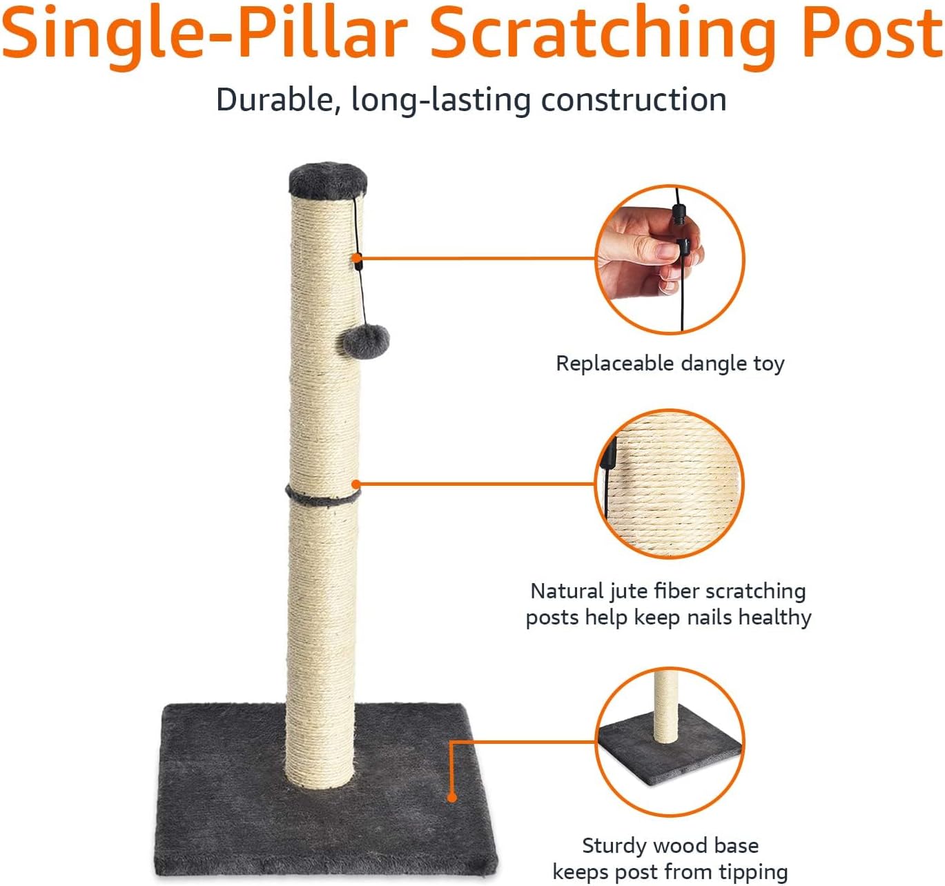 Cat Scratching Post for Indoor Cats, Standard with Dangling Toy, 80 Cm, Grey