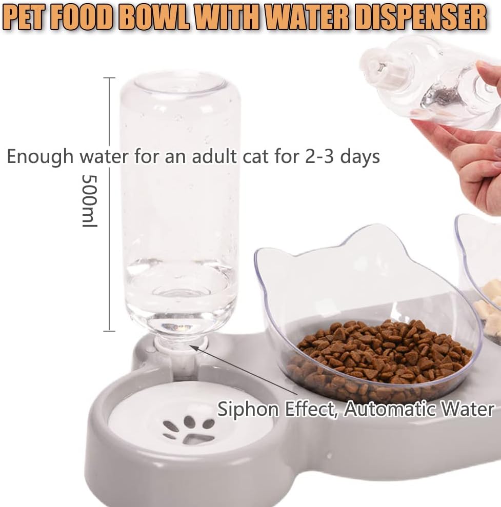 3-In-1 Cat Food and Water Bowl Set, Cat Bowls with Stand, Double Cat Bowls with Water Dispenser for Pet，Food and Water Feeder for Small Medium Dogs Cats