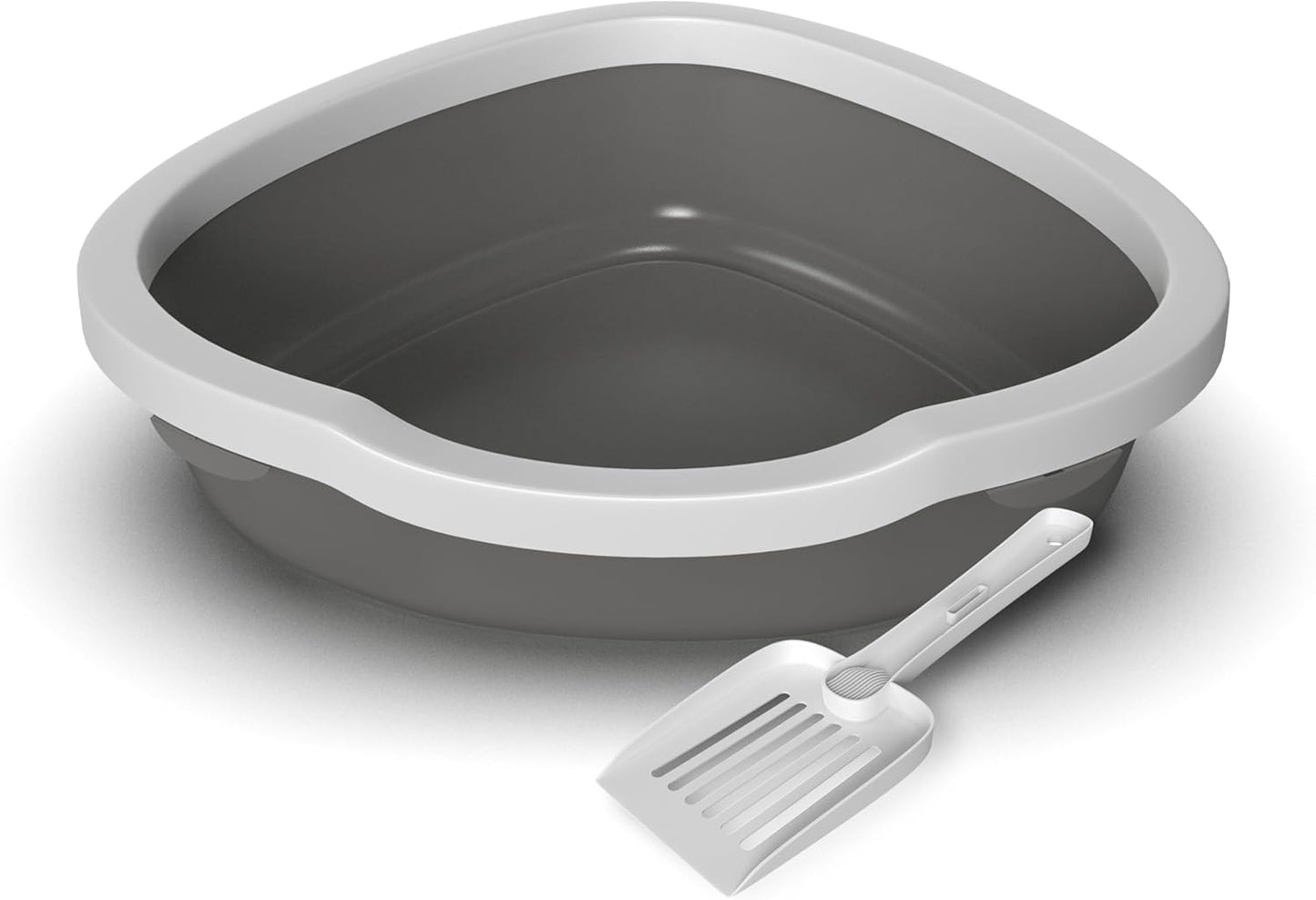 Corner Cat Litter Tray with Cleaning Scoop, High Sided Rounded Corners, Anti-Spillage & Mess-Free Cat Toilet (Dark Grey/White, 55X42.5X14)