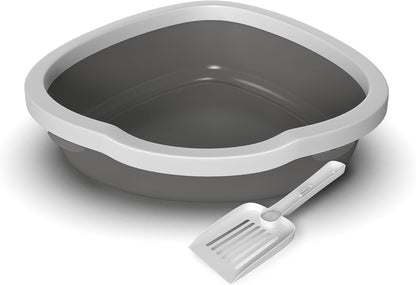 Corner Cat Litter Tray with Cleaning Scoop, High Sided Rounded Corners, Anti-Spillage & Mess-Free Cat Toilet (Dark Grey/White, 55X42.5X14)