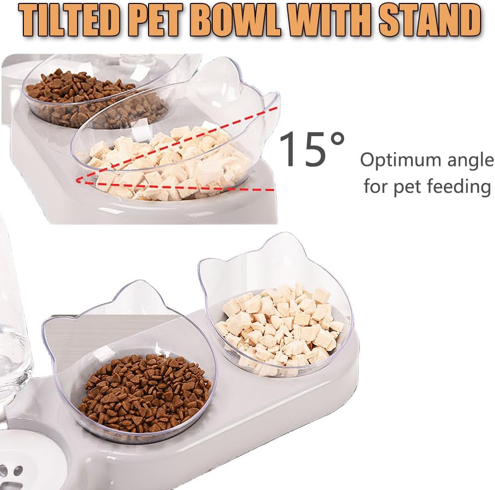 3-In-1 Cat Food and Water Bowl Set, Cat Bowls with Stand, Double Cat Bowls with Water Dispenser for Pet，Food and Water Feeder for Small Medium Dogs Cats