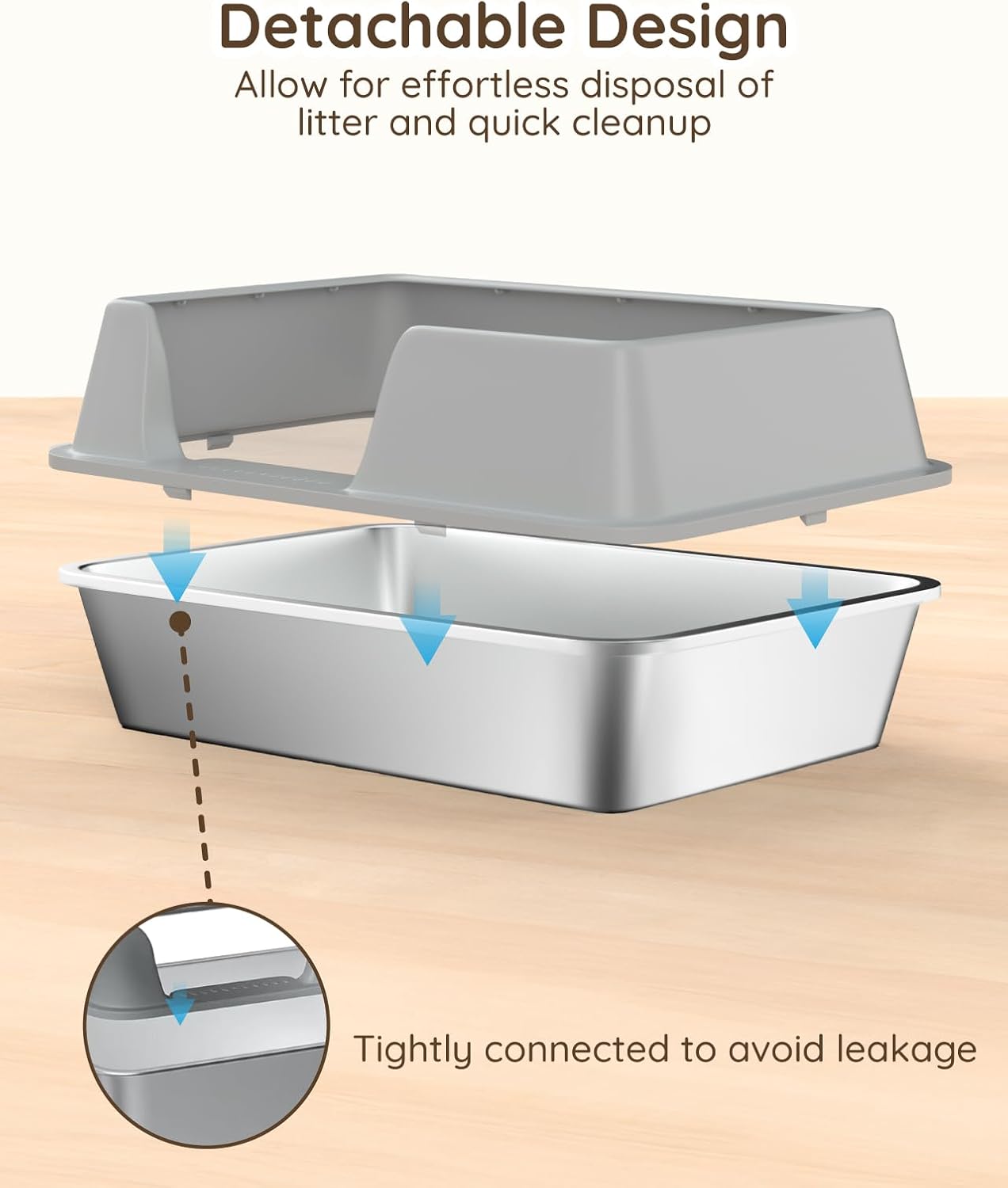 High Sided Stainless Steel Litter Box - Metal Cat Litter Tray with Splash-Proof Lid, Easy Cleaning & Odor-Less Kitten Litter Tray with Double Layer Litter Mat, Litter Scoop, Brush, 50X35X20Cm