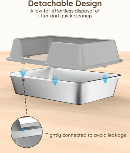 High Sided Stainless Steel Litter Box - Metal Cat Litter Tray with Splash-Proof Lid, Easy Cleaning & Odor-Less Kitten Litter Tray with Double Layer Litter Mat, Litter Scoop, Brush, 50X35X20Cm