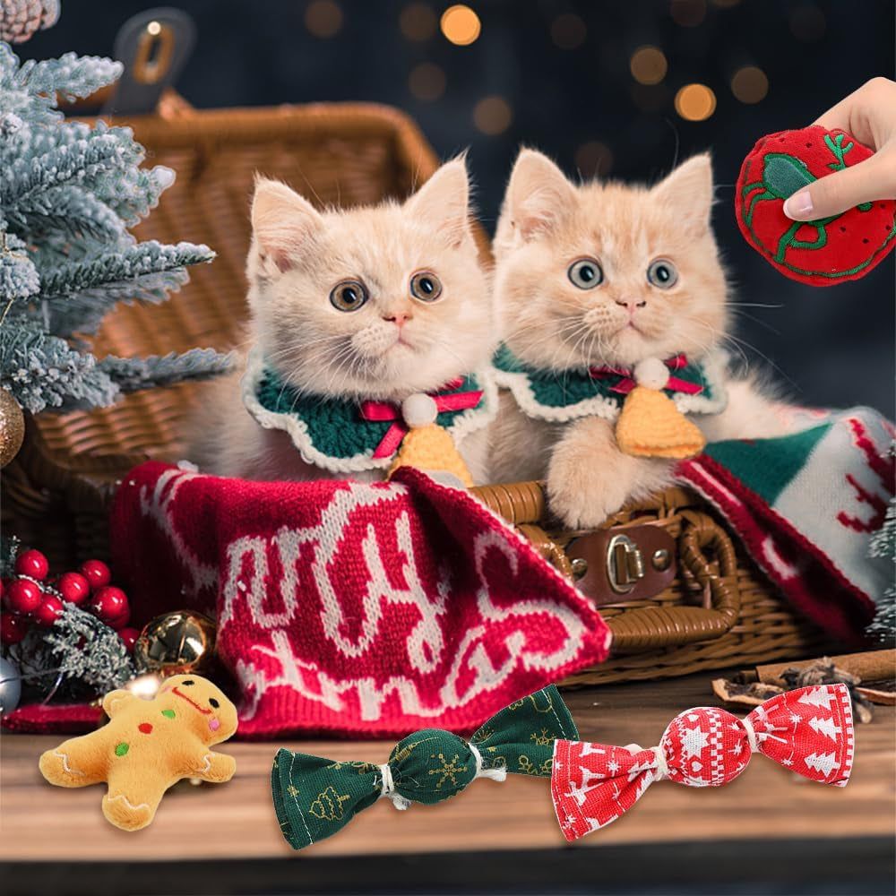 9 Pack Cat Christmas Toys - 2 Squeaky, 4 Colorful Bouncy Balls, 3 Plush Interactive with Ginger Man, Elk, Santa Claus - for Cat and Mouse
