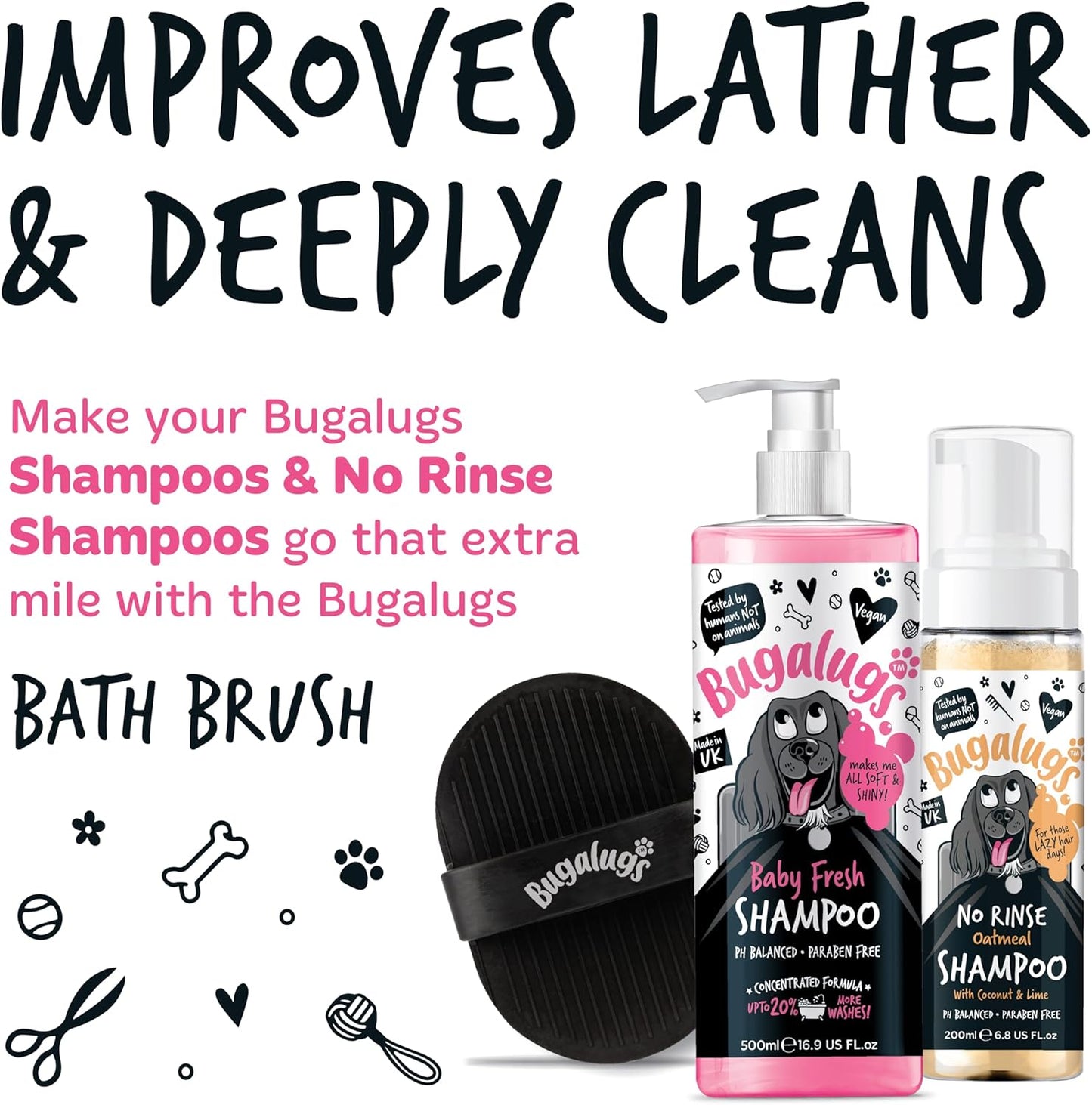 Bugalugs Dog Shampoo Bath Brush & Cat Brush 2 Pack, Use Wet or Dry as Dog Grooming Brush for Grooming & Bathing Use Alongside Our Dog No Rinse Shampoo for Smelly Dogs & Cats (Black (2 Pack))