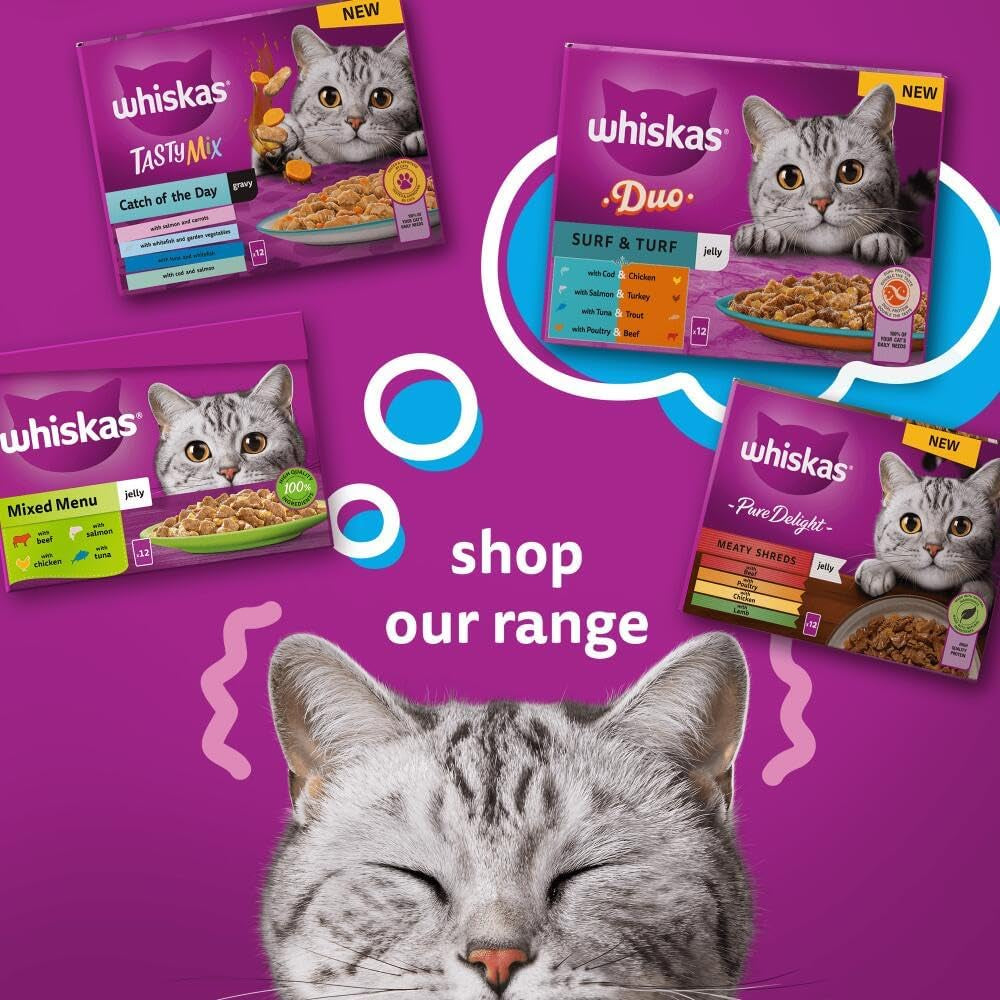 Wishkas  1+ Adult Wet Cat Food Pouches - 40 X 85 G - Poultry Selection - Bulk Cat Food Megapack - 40 Jelly Pouches