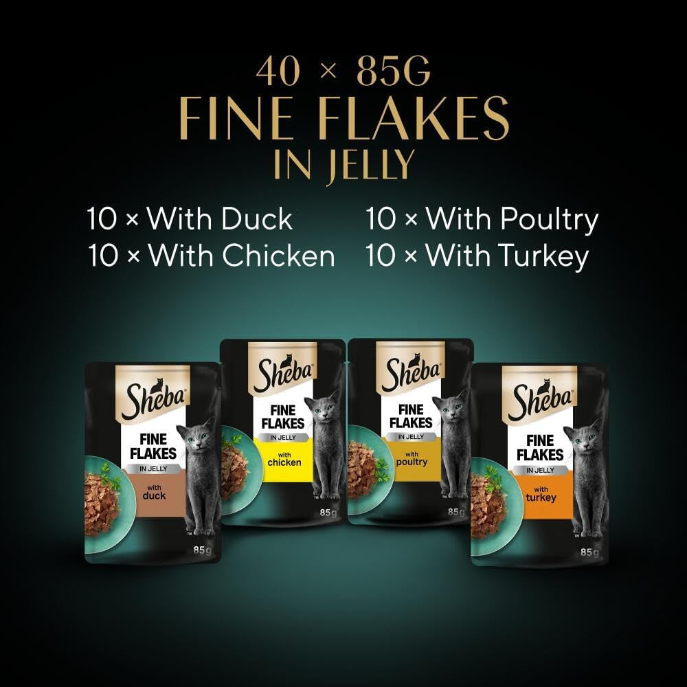 Sheba Fine Flakes in Jelly – Poultry Collection – Wet Cat Food Pouches for Adult