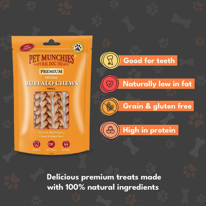 Small Buffalo Dental Chews, Healthy, Natural and Long-Lasting Dog Treats, Grain Free and Low in Fat 55G (4 Chews)