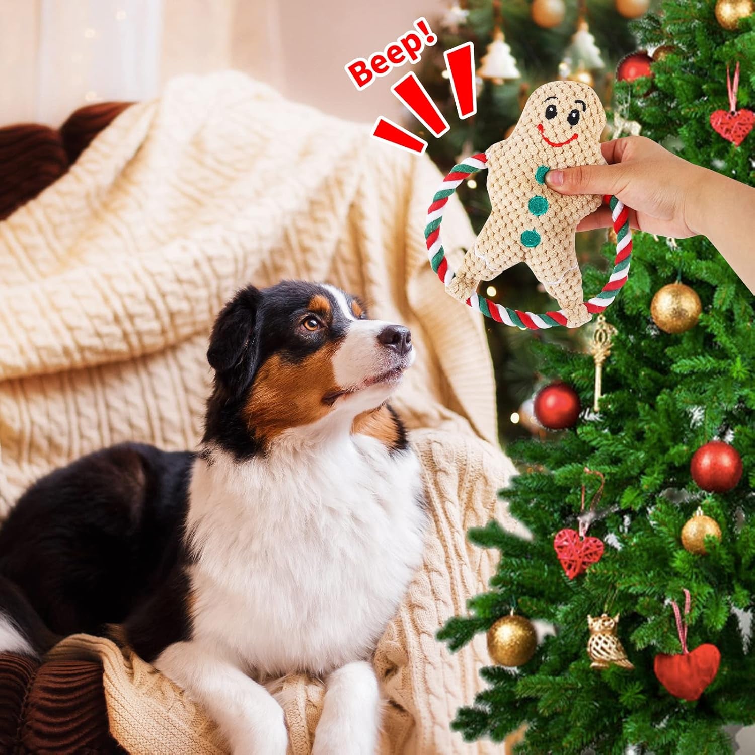 Christmas Dog Toys,Xmas Plush Stuffed Squeaky Pet Chew Toy Interactive Ginger Man Throw Bite Sounding Toys Funny Tug of War Dog Toy for Pet Puppy Small Medium Large Dogs Teeth Grinding Training