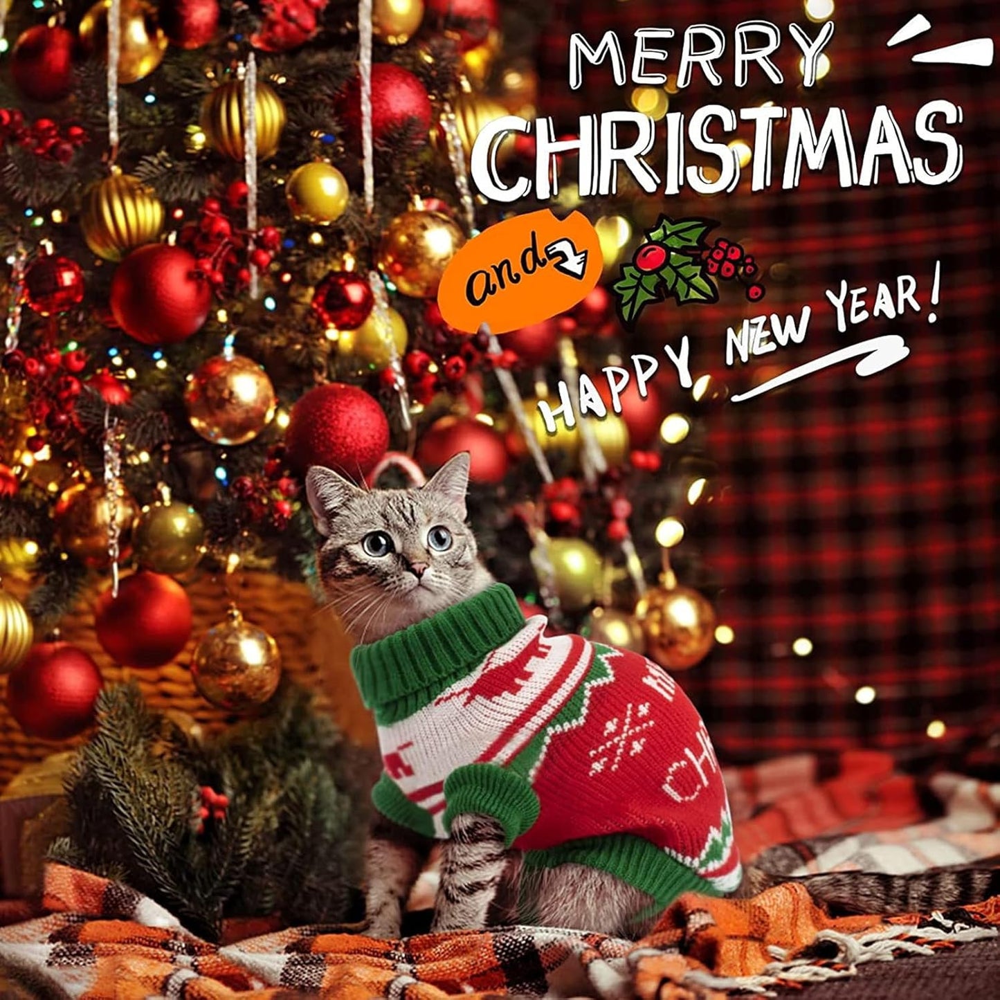 2PCS Dog Christmas Sweaters Red Green Pet Clothes Outfits Winter Cat Costume New Year Clothing Accessories for Puppy Kitten Small Medium Dogs Cats