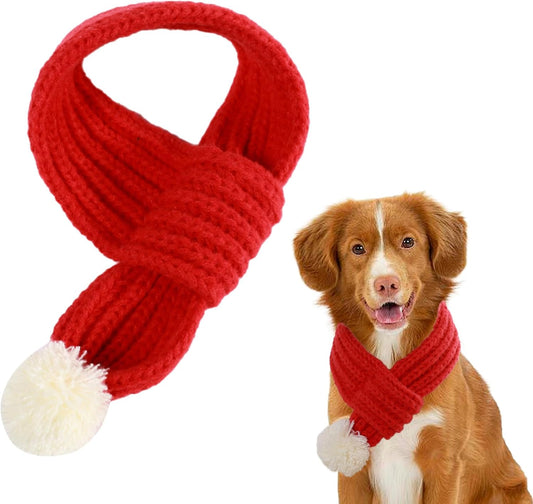 1Pcs Cat Dog Christmas Outfit - Knitted Red Scarf, Santa Scarf Bandanas with Fuzzy Pompom for Xmas Winter Pet Puppy Cat Costume Accessories