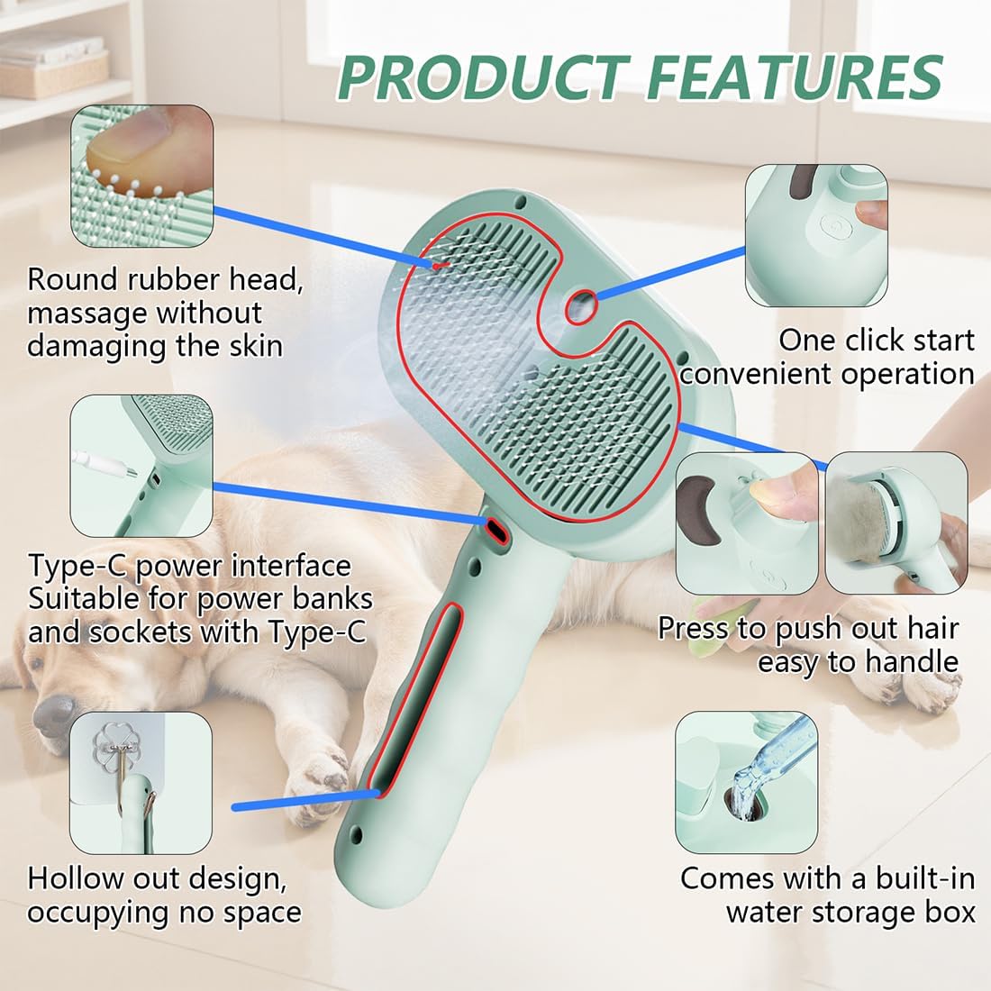 3 in 1 Pet Grooming Brush with Steam and Spray - Hair Removal Comb for Dogs and Cats with Water Tank and Mist Release Stainless Steel Teeth and Ergonomic Handle for Shedding and Grooming(White)