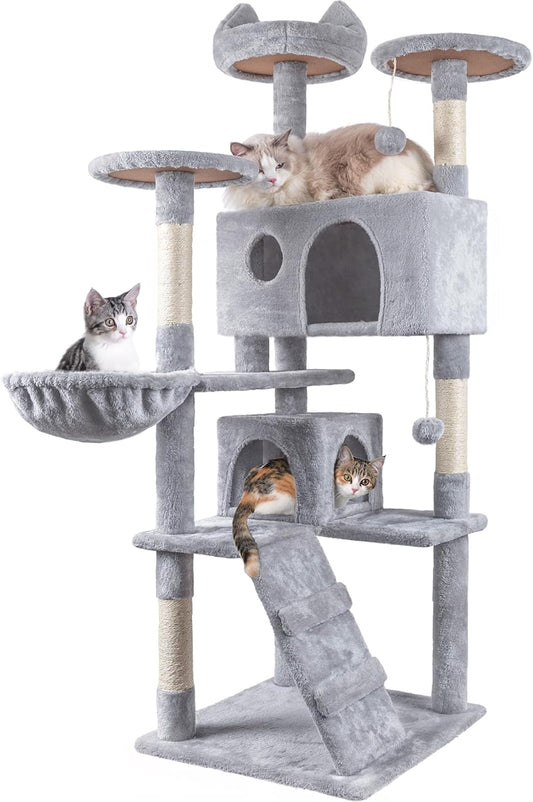 Cat Tree,151Cm Cat Tower for Indoor Kitty,Scratching Post Stable Activity Centre Climbing Tree with 2 Kitty Houses, Hammock, 4 Sisal Posts, Ladder, and Rest Place