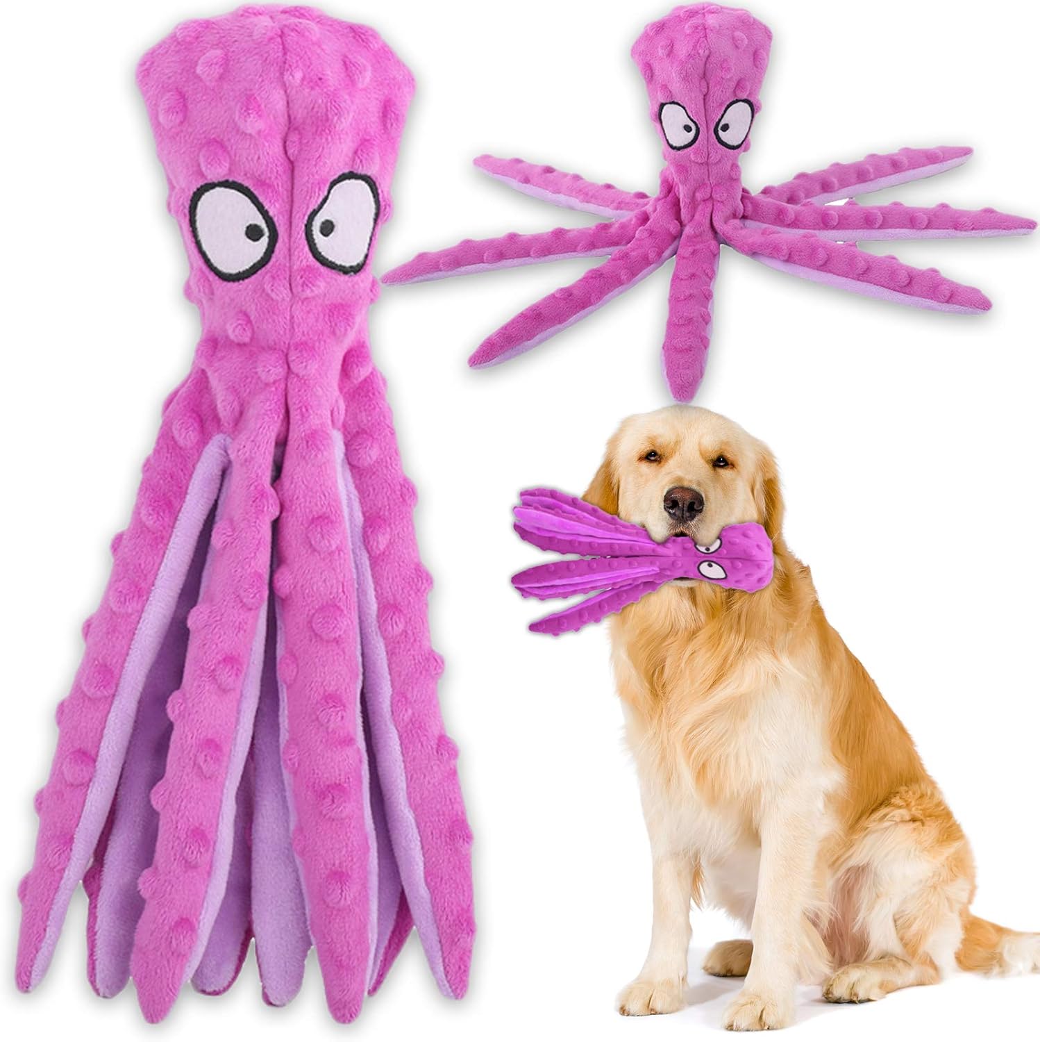 Squeaky Dog Interactive Play Toy,No Stuffing Octopus Dogs Chew Toy with Crinkle Paper for Medium and Large Dogs Playing
