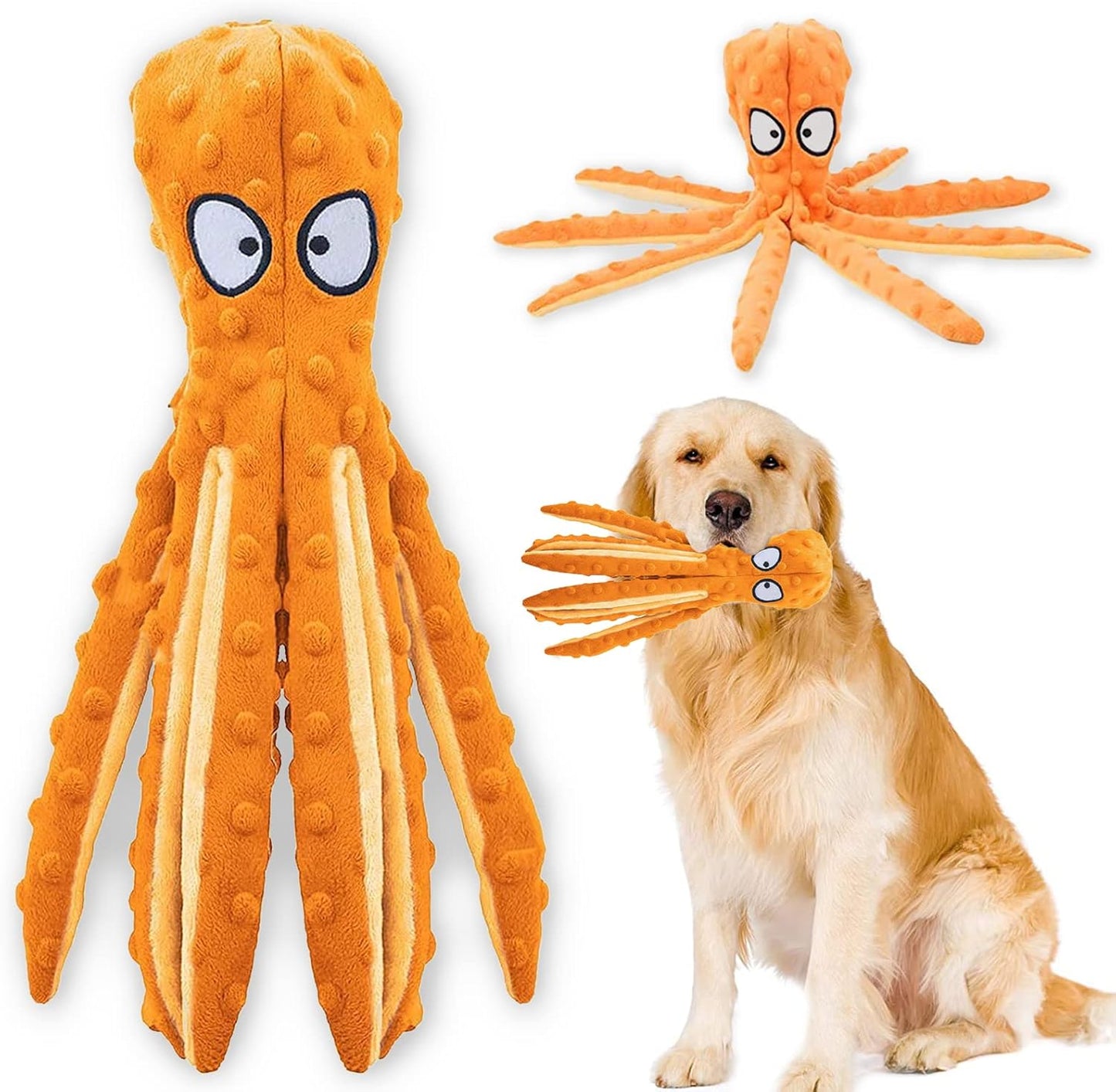 Squeaky Dog Interactive Play Toy,No Stuffing Octopus Dogs Chew Toy with Crinkle Paper for Medium and Large Dogs Playing