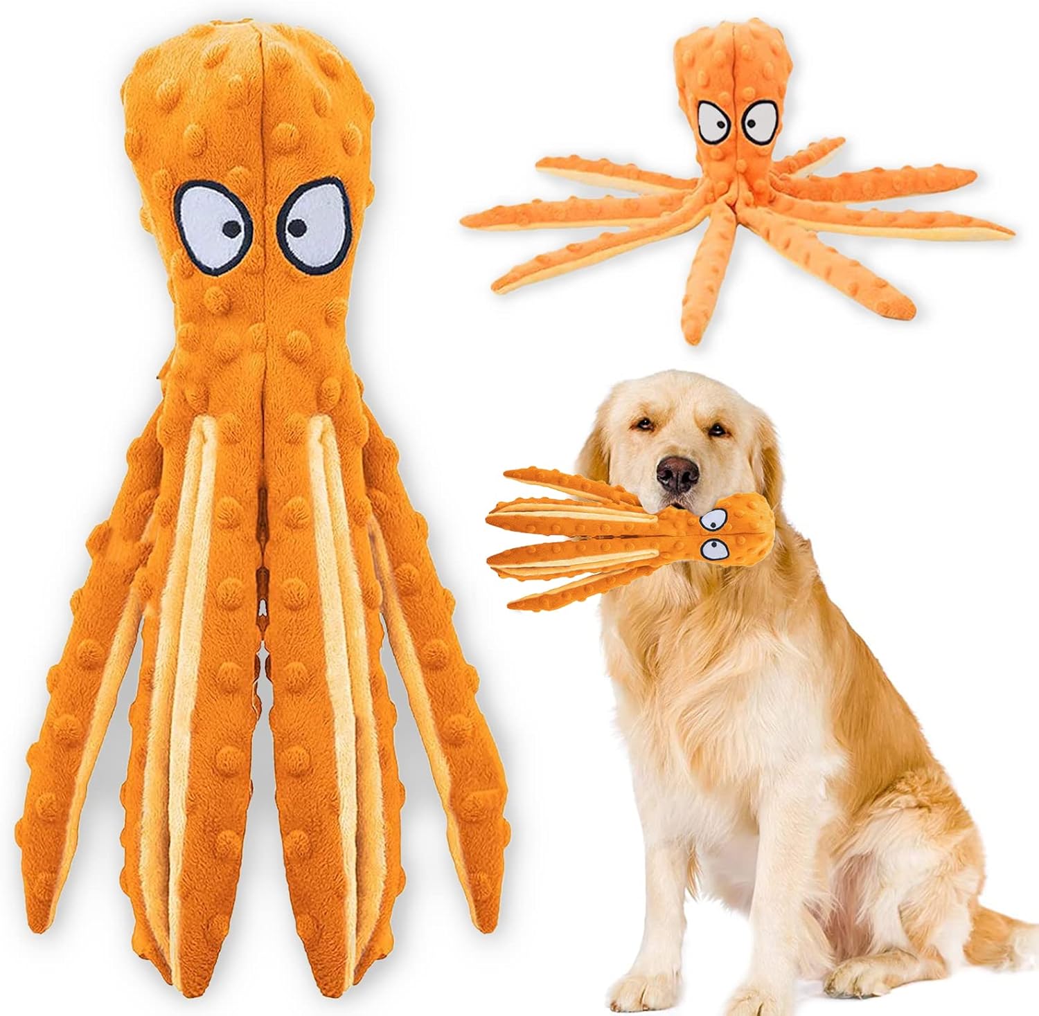 Squeaky Dog Interactive Play Toy,No Stuffing Octopus Dogs Chew Toy with Crinkle Paper for Medium and Large Dogs Playing