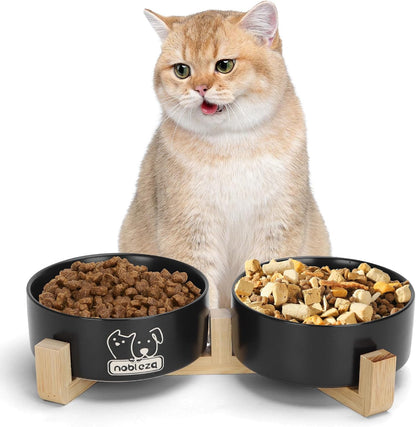 Ceramic Cat Bowls Set with Bamboo Stand, Stackable Double Ceramic Cat Food Water Bowl, 2X400Ml/13.5Oz Non-Slip Pet Feeding Bowls for Cats Kittens and Puppies, 13X13X5Cm Black