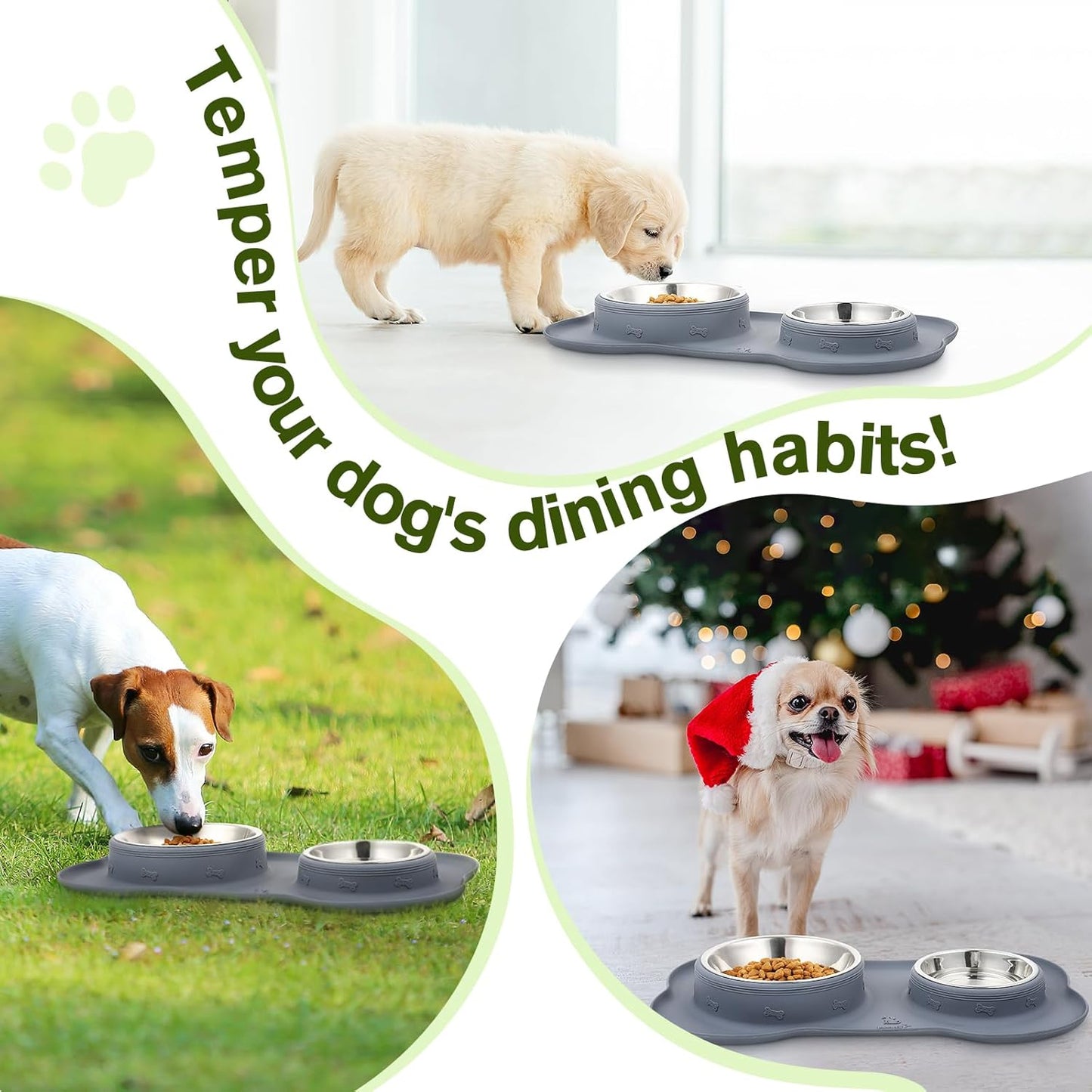 Dog Bowls Non-Slip, Stainless Steel Double Bowls Set with Non-Spill Silicone Mats Tray for Cats Puppies Water Food Feeding