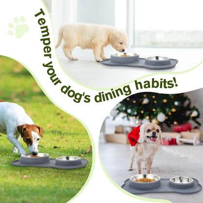 Dog Bowls Non-Slip, Stainless Steel Double Bowls Set with Non-Spill Silicone Mats Tray for Cats Puppies Water Food Feeding