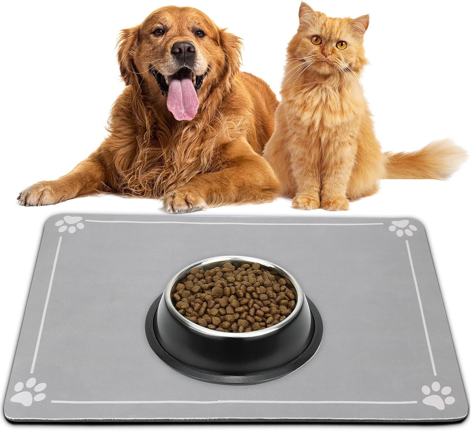 Dog & Cat Bowl Mat Silicone Waterproof Pet Feeding Mat Cat Food Mat Non-Slip Large Placemat for Dogs and Cats Protects Floors from Spills Durable Easy to Clean 40×60Cm Grey