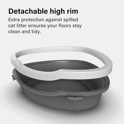 Corner Cat Litter Tray with Cleaning Scoop, High Sided Rounded Corners, Anti-Spillage & Mess-Free Cat Toilet (Dark Grey/White, 55X42.5X14)