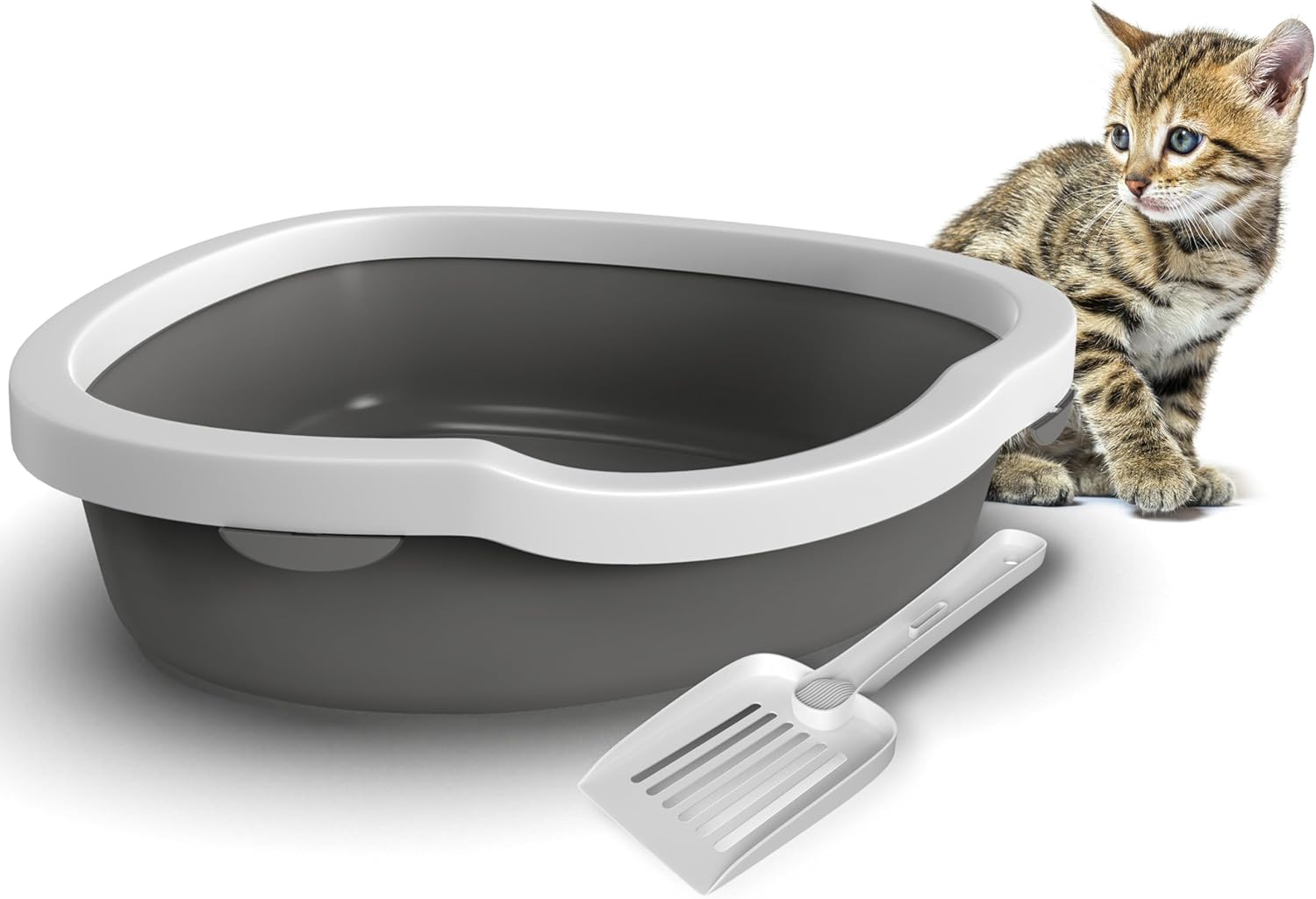 Corner Cat Litter Tray with Cleaning Scoop, High Sided Rounded Corners, Anti-Spillage & Mess-Free Cat Toilet (Dark Grey/White, 55X42.5X14)