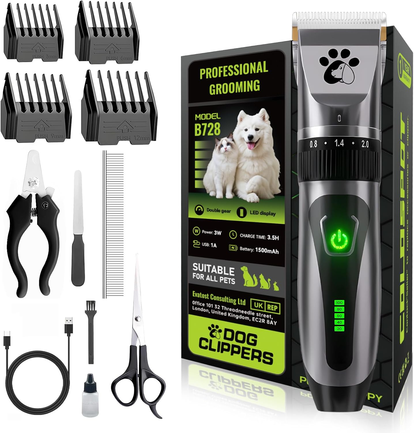 Dog Clippers Cordless, Professional Pet Clippers, 2-Speed Low Noise Dog Grooming Kit, Pet Trimmer for Small Large Thick Hair Dogs Cats